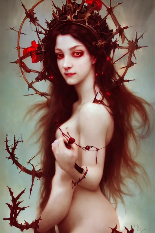 Image similar to Portrait of beautiful pale laughing succubus maiden with crown of thorns and glowing red eyes, steampunc, digital art from artstation by Ruan Jia and Mandy Jurgens and Artgerm and william-adolphe bouguereau