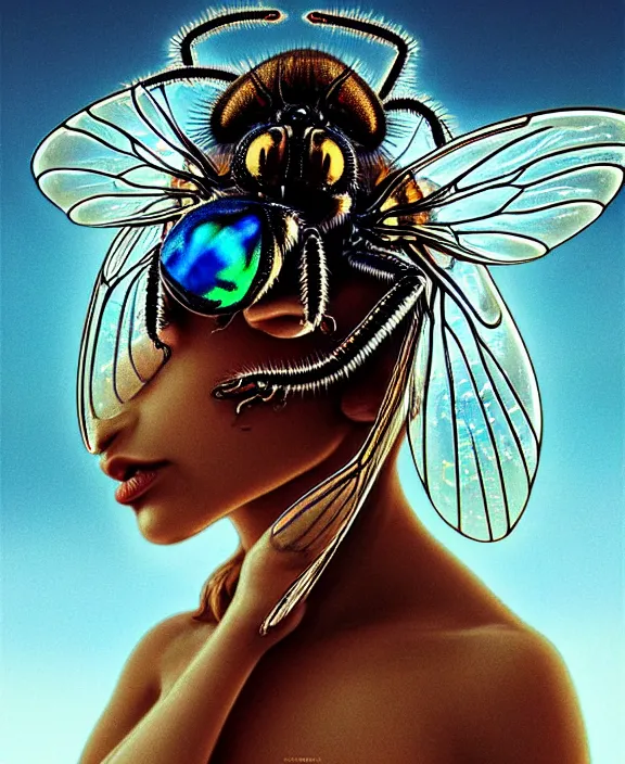 Image similar to intricate ornate opulent transparent clear see - through portrait of a terrifying beautiful alien housefly, mottled coloring, adorable, childlike, pastoral environment, ultra realistic, concept art, art nouveau, photorealistic, octane render, 8 k, unreal engine. art by christopher marley and artgerm and greg rutkowski and alphonse mucha