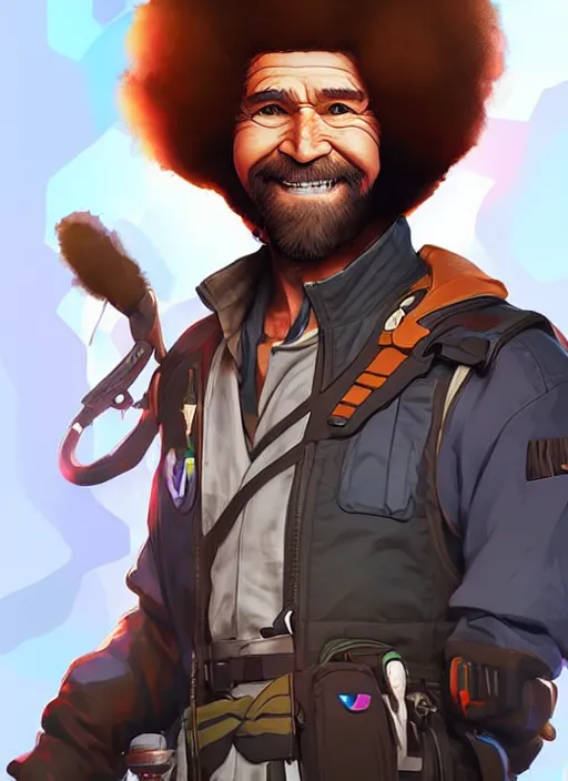 Image similar to Bob Ross in apex legends as an anime character digital illustration portrait design by Ross Tran, artgerm detailed, soft lighting