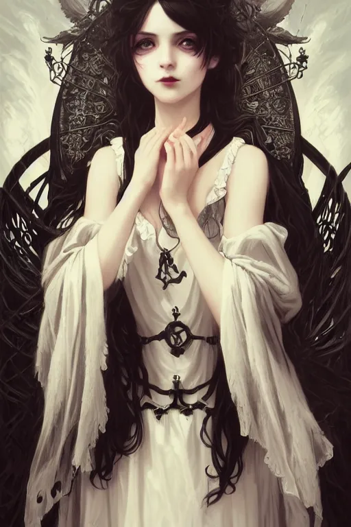 Image similar to portrait of radical lolita girl, dreamy and ethereal, dark eyes, peaceful expression, ornate goth dress, dark fantasy, chaotic, elegant, black crows flying, highly detailed, digital painting, artstation, concept art, smooth, sharp focus, illustration, art by artgerm and greg rutkowski and alphonse mucha