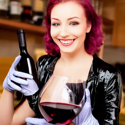 Prompt: CHARMING lady with beautiful face in ora latex gloves holding a wonderful glass of wine