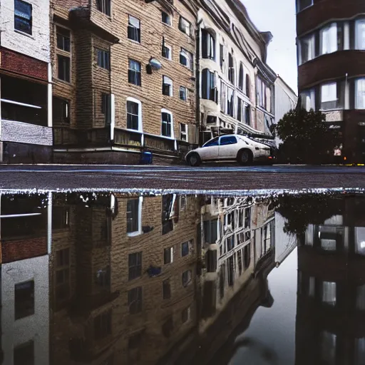 Image similar to realistic photo of puddle on sidewalk, buildings in reflection