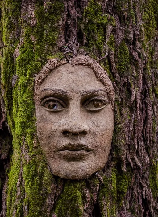 Prompt: photograph of hyperrealistic hyperdetailed ancient face in a tree covered with bark and moss, dark mysterious forest at sunset