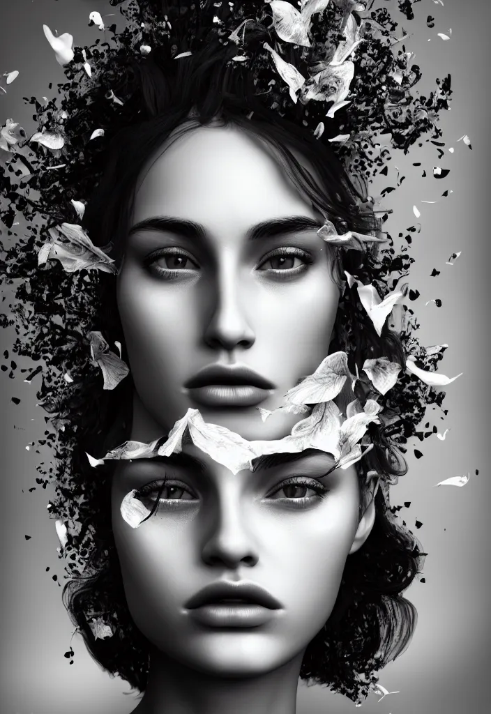 Prompt: young beautiful woman, gorgeous face, black and white photography, surreal, artist, flipped hair, 8 k, unreal engine 5, ultra sharp focus, art by victoria siemer, kirsty mitchell, laura zalenga