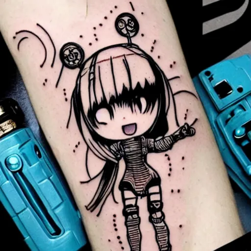 Image similar to Anime manga robot!! catgirl tattoo, exposed wires and gears, fully robotic!! catgirl, manga!! in the style of Junji Ito and Naoko Takeuchi, cute!! chibi!!! catgirl, tattoo on upper arm, arm tattoo