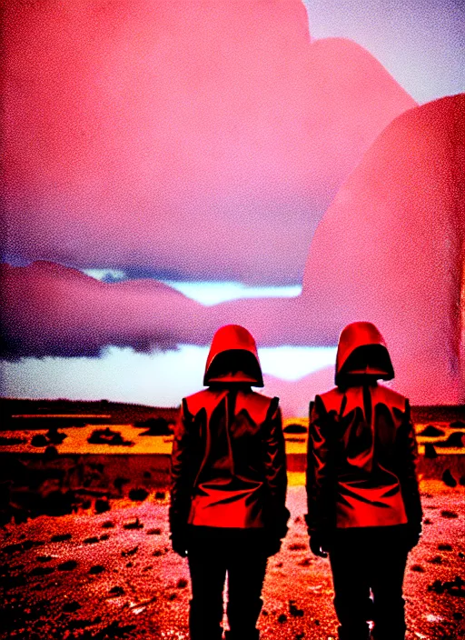 Prompt: cinestill 5 0 d photographic portrait of two loving clones, techwear women on a desolate plain with a red sky, a brutalist dark metal facility in the background, dust storm, depth of field, 4 k, 8 k, hd, full color