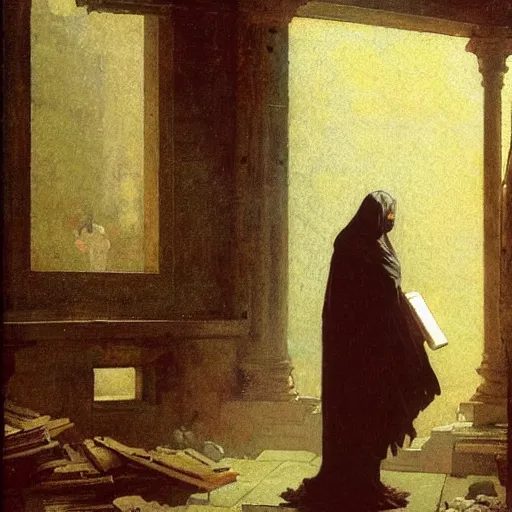 Prompt: half portait of magican wearing a closed cowl with big old book!, jeremy mann, jean leon gerome, tiepolo, alphonse mucha, greg rutkowski, face in the shadows, ( ( ruins of ancient rome ) ), at dusk, mysterious atmosphere, sunrays, dof, masterpiece, high detailed, 8 k