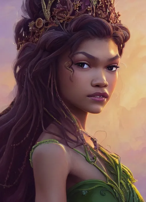 Image similar to beautiful young zendaya as tiana princess disney, frog closeup, d & d, fantasy, intricate, elegant, highly detailed, digital painting, artstation, concept art, matte, sharp focus, illustration, art by artgerm and greg rutkowski and alphonse mucha