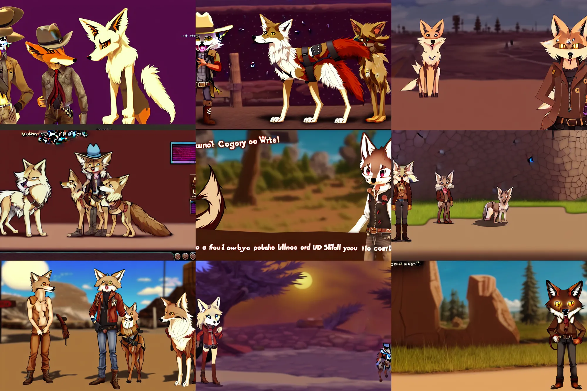 Prompt: furry - coyote - cowboy - fursona uhd ue 5 visual novel pc game screenshot : awoo