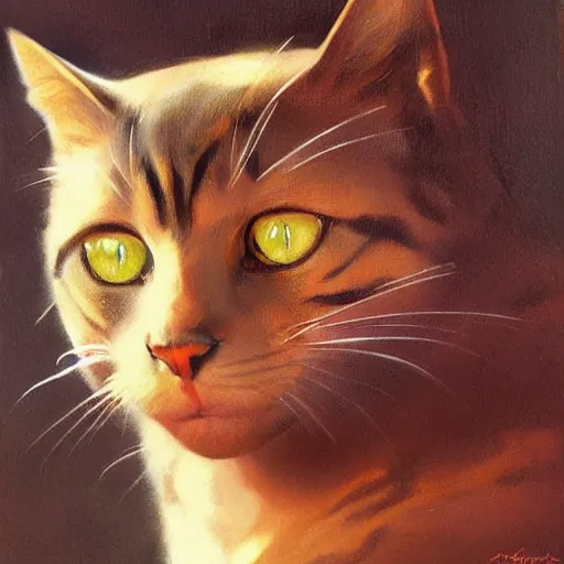 Image similar to ultra realistic portrait painting of cat, art by frank frazetta, 4 k, ultra realistic, highly detailed, epic lighting