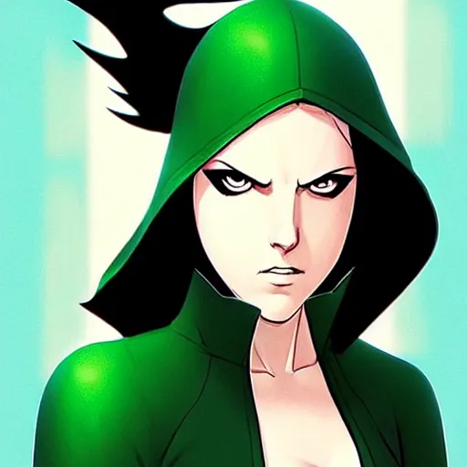 Image similar to Phil Noto comic art, artgerm, eiichiro oda, pixiv, concept art, digital painting, cinematics lighting, beautiful Anna Kendrick supervillain Enchantress, green dress with a black hood, angry, symmetrical face, Symmetrical eyes, full body, flying in the air over city, night time, red mood in background