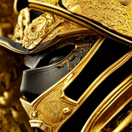 Image similar to a luxurious black and gold samurai helmet, close - up photo, by james christensen, vittorio matteo corcos, epic, tendring on artstation, fantasy, intricate details, highly detailed, 4 k.