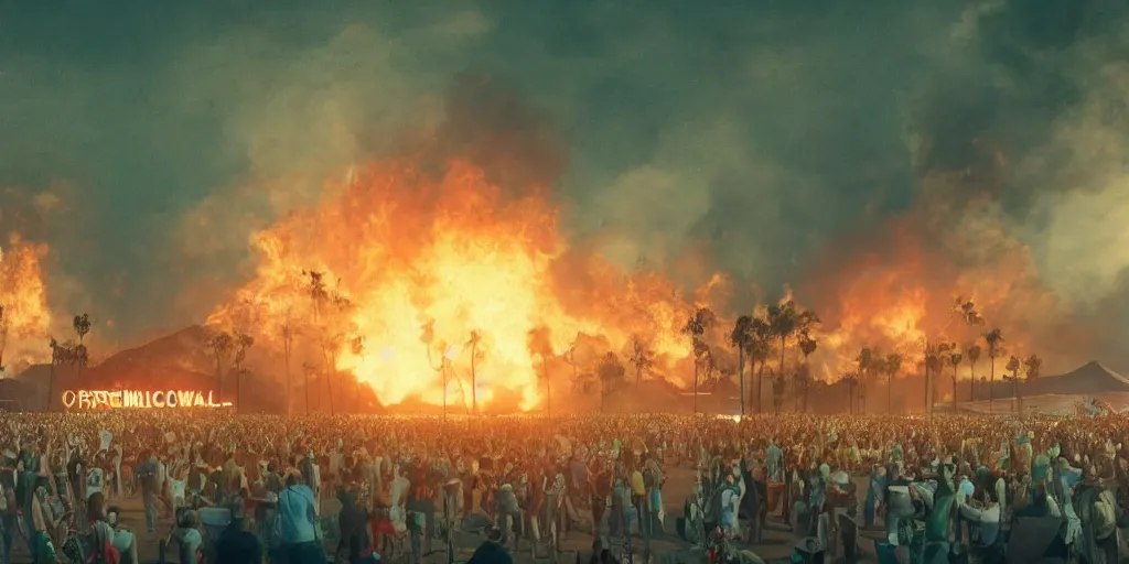 Prompt: realistic cinematic views of a Orwellian Coachella with fires in the background and dead animals falling from the sky in front of the main stage, hyper detailed, hyper realistic, digital painting, 8k, 35mm film grain, octane render