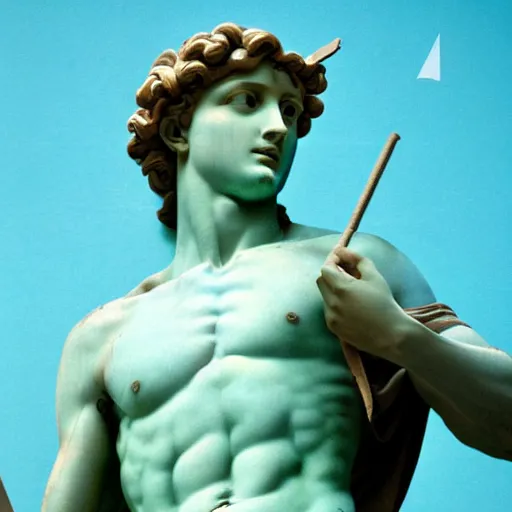 Prompt: Vaporwave composition of Statue of David by Michelangelo on a checkerboard floor against a turquoise sky