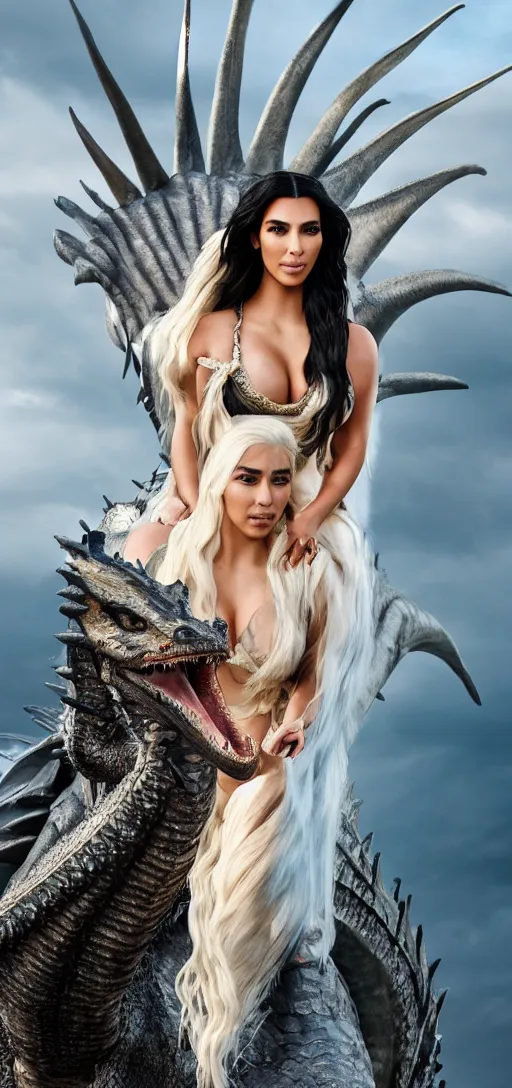 Image similar to Kim Kardashian as Daenerys Targaryen riding a dragon, XF IQ4, 150MP, 50mm, F1.4, ISO 200, 1/160s, natural light