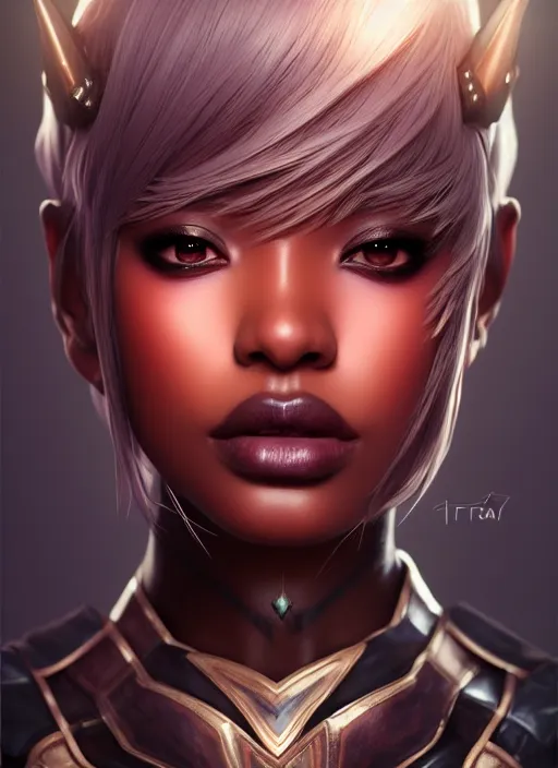 Image similar to portrait of dragoon, sharp focus, octane render, ( ( dark skin ) ), ffxi, rpg, beautiful, reflections, unreal engine, symmetrical!!, maybelline, sephora, artstation, art by artgerm, rossdraws, art by karol bak, makeup, ( ( jewelry ) ), ( ( hopeful ) )