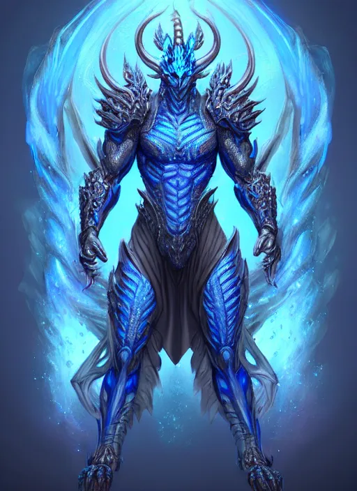 Image similar to muscular and tall blue ghostly fire humanoid dragon!!!! draconian!! intricate ornate iridescent heavy armor!! character concept art, sharp focus, octane render! unreal engine 5! highly rendered!! trending on artstation!! detailed linework!! illustration by artgerm, wlop, and chie yoshii