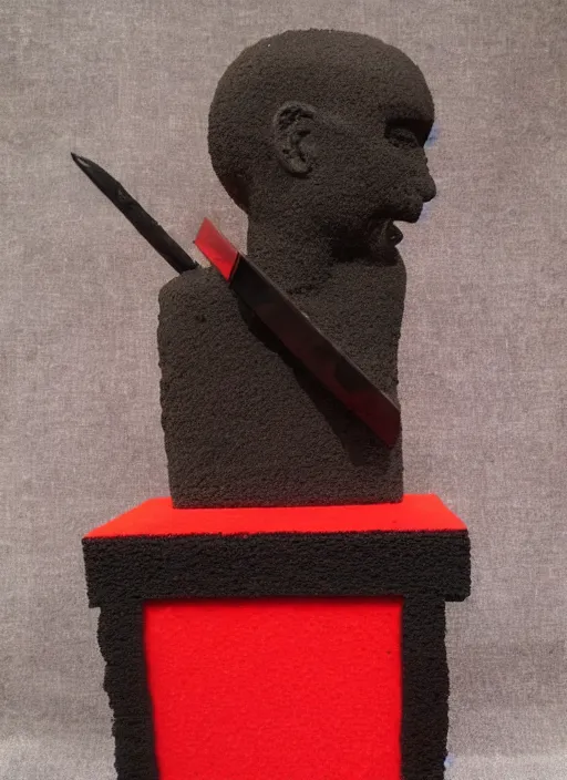 Image similar to sponge sculpture of an ancient warrior red and black theme