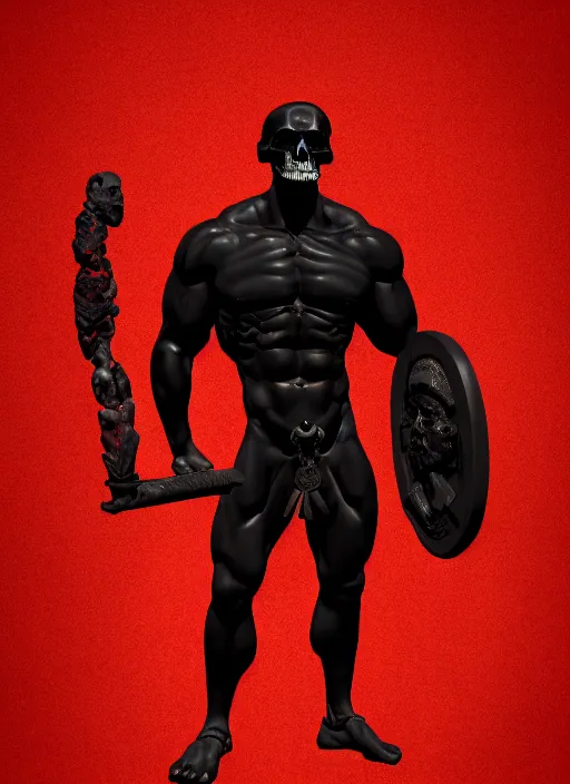 Prompt: black background, statue of hercules, skulls, thin red lines, dark, thin lines, red grid, trending on artstation