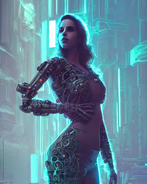 Image similar to portrait of lana del rey as a cyberpunk cyborg. roses, sci - fi, intricate abstract upper body intricate artwork, by tooth wu, wlop, beeple, dan mumford. concept art, octane render, deviantart, greg rutkowski, cinematic arthouse, key art, hyper realism, iridescent accents