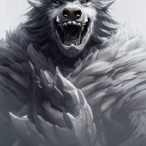 Image similar to portrait of werewolf of ashes and smoke, league of legends splash art, hearthstone splash art, full body shot, rule of thirds, ultrafine hyperrealistic detailed face, artgerm, greg rutkowski, trending on artstation, 8 k, intricately detailed, highly detailed