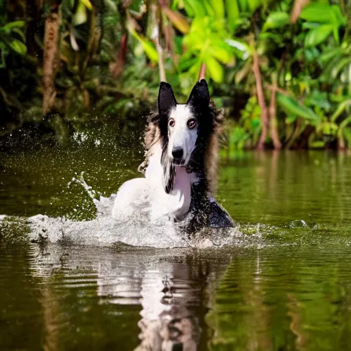 Image similar to photo of borzoi dog wearing diving gear swimming in the amazon rainforest, 4k award-winning animal photography