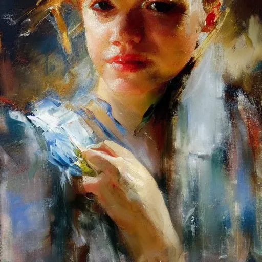 Prompt: spontaneous palette knife romantic portrait, beautiful juicy brush strokes, by Richard schmid and Sargent, trending on cgsociety, expressionism, unfinished painting, linen canvas