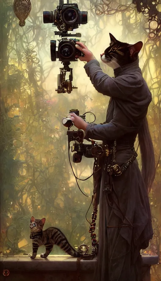 Image similar to hyper realistic photographer taking a picture of a cat, magical, steampunk, painted by tom bagshaw, mucha, gaston bussiere, craig mullins, j. c. leyendecker 8 k