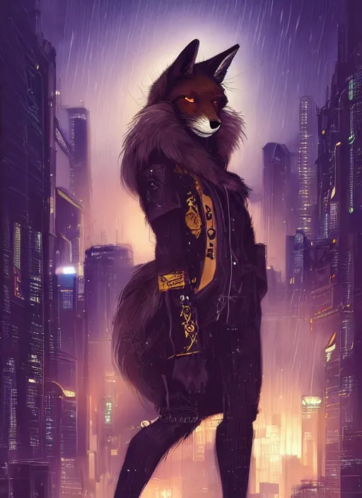 Image similar to award winning beautiful portrait commission of a male furry anthro melanated fox fursona with a tail and a cute beautiful attractive detailed furry face wearing stylish black and gold cyberpunk clothes in a cyberpunk city at night while it rains. Character design by charlie bowater, ross tran, artgerm, and makoto shinkai, detailed, inked, western comic book art