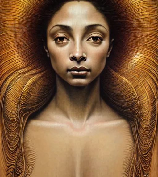 Image similar to detailed realistic beautiful young sade adu face portrait by jean delville, gustave dore and marco mazzoni, art nouveau, symbolist, visionary, baroque, intricate fractal. horizontal symmetry by zdzisław beksinski, iris van herpen, raymond swanland and alphonse mucha. highly detailed, hyper - real, beautiful