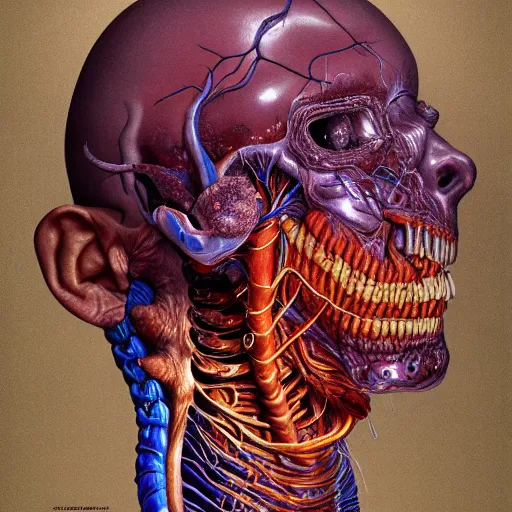 Image similar to nightmare etherreal iridescent vascular nerve bundles pearlescent spinal chord horror by naoto hattori, zdzislaw, norman rockwell, studio ghibli, anatomical cutaway