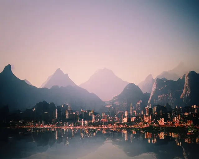 Image similar to calm and soft city view with boke, mountains in a city, fantasy world, magic perspective photo, calm lighting, soft world, pleasant, kodak portra 8 0 0