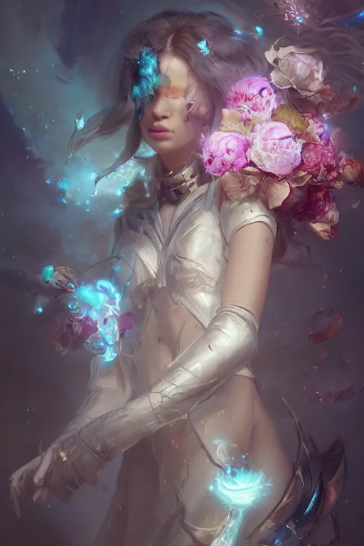 Image similar to beautiful girl necromancer covered with crystals exploding space, 3 d render, hyper realistic detailed portrait, holding magic flowers, ruan jia, wlop. scifi, fantasy, hyper detailed, octane render, concept art, peter mohrbacher