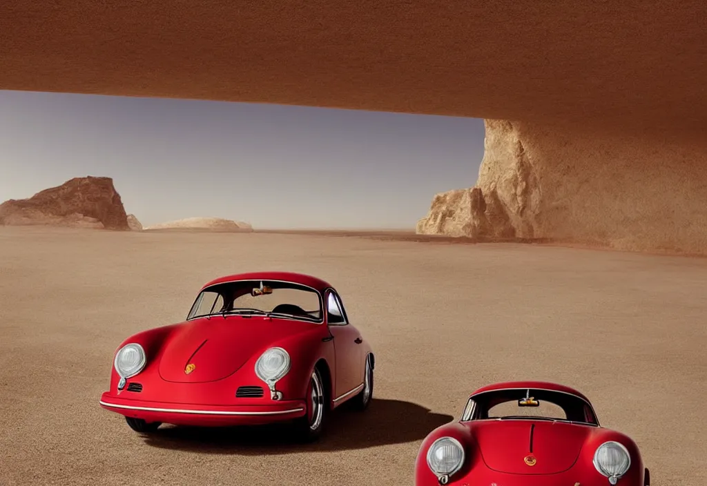 Prompt: “a single red porsche 356 is parked in the middle of the desert, a matte painting by Scarlett Hooft Graafland, featured on unsplash, australian tonalism, anamorphic lens flare, cinematic lighting, rendered in unreal engine”