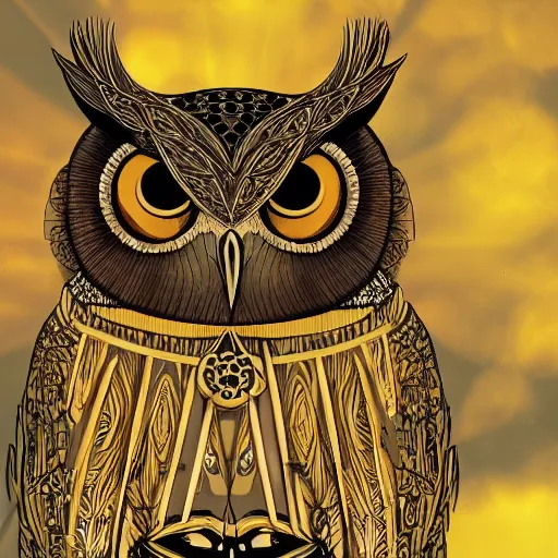 Prompt: owl with panpipe, fantasy forrest background, golden hour, digital art, medium shoot