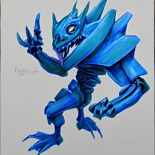 Image similar to rough painting of a blue insectile monster in acrylic paint, broad brush strokes, phantasy star online, white background, pencil sketch lines