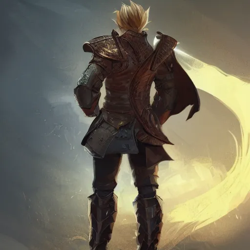 Image similar to full body rear side portrait of a muscular, grim, ponytail haired blonde man in his late 30's with only one arm armored, wearing a thick brown leather coat, looking to his side, hunter, DnD character, fantasy character, digital art by Ruan Jia, Krenz Cushart, Rossdraws