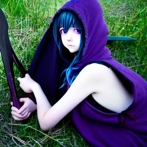 Image similar to A cute young real life 3D anime girl with long blueish violet hair, wearing a black reaper hood with shorts, a bloody scythe is laying next to her foot, in a dark field, top down angle, laying on her back