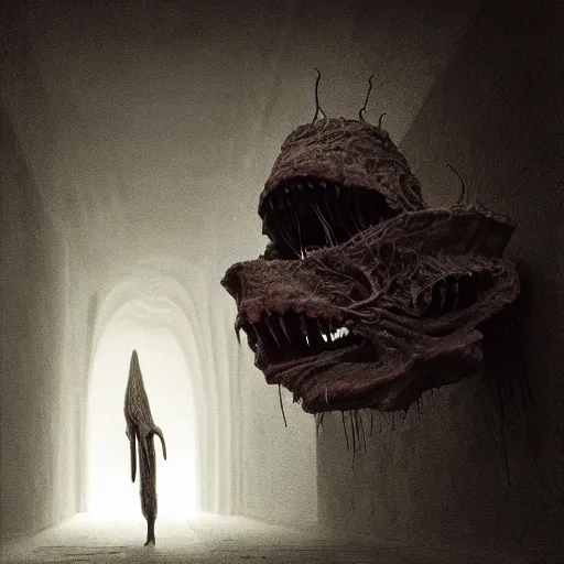 Prompt: scary creature in liminal space backrooms zdzislaw beksinski, cgsociety, unreal engine