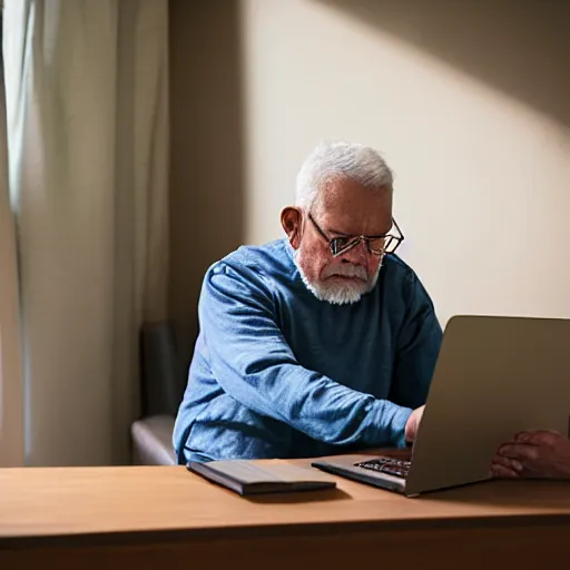 Prompt: old man sitting on a casket browsing internet on laptop from a casket casket