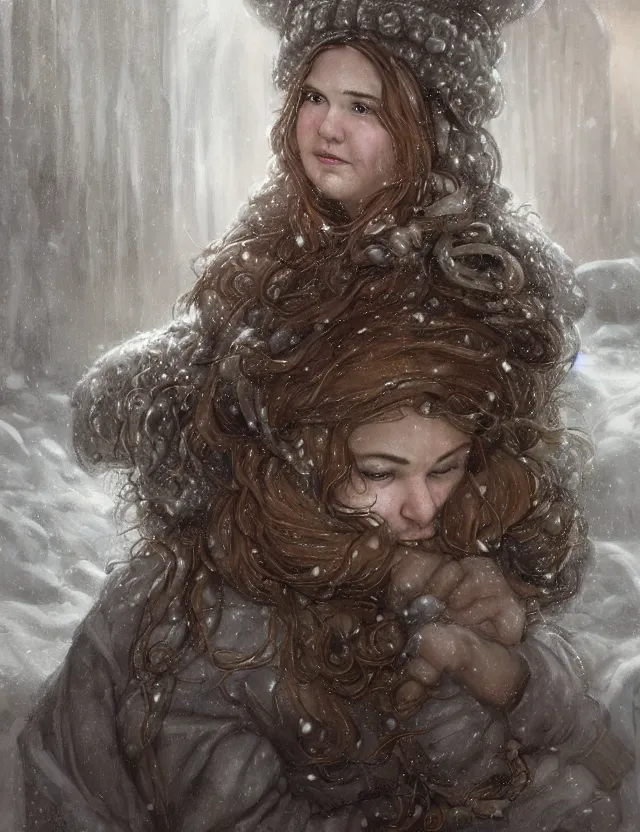 Prompt: A hearty chubby nice dwarven woman at her home looking through the window to a snowstorm outside, highly detailed complex braided hair, realistic, beautiful, fantasy art, dungeons and dragons, lord of the rings, in the style of brian froud and thomas kinkade, illustration, very cozy, fantasy, intricate, hyper detailed, artstation, concept art, smooth, sharp focus, ray tracing, vibrant