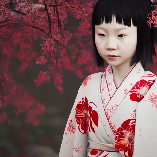 Image similar to beautiful albino Asian girl kid in a fancy kimono, unreal engine octane, red and white, gliter, depth of field, 8k, hyper detailed, trending on artstation