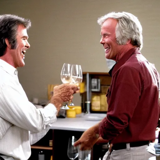 Image similar to kevin tighe laughing, as he kicks randy mantooth, who has a bottle of wine in his hand