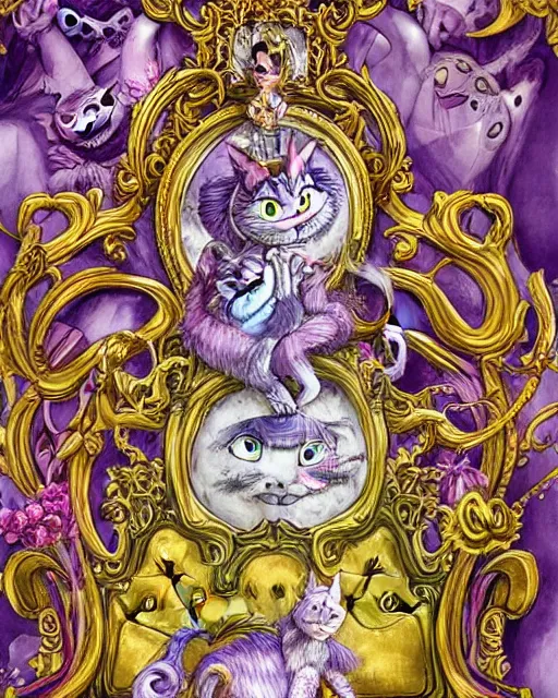 Image similar to 'cheshire cat' from 'alice in wonderland' as elden lord, sitting on throne, background is ornate castle in rococo style, beautiful architecture, falling hearts, flowers