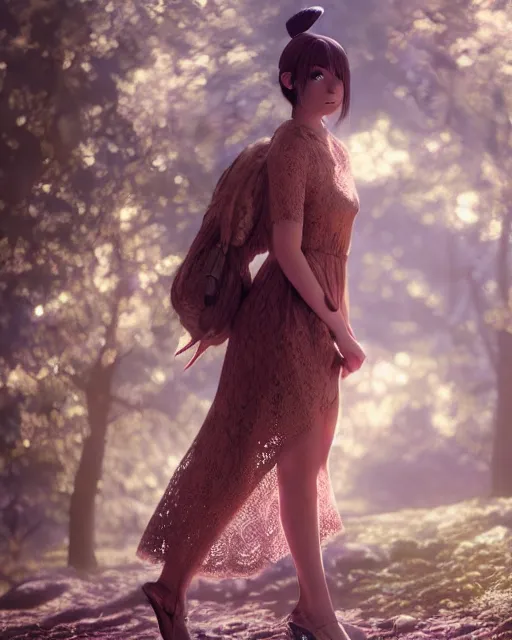 Image similar to photo of eevee pokemon humanisation, in lace brown dress, film still, dslr, by greg rutkowski, wlop, glossy skin, pearlescent, very coherent