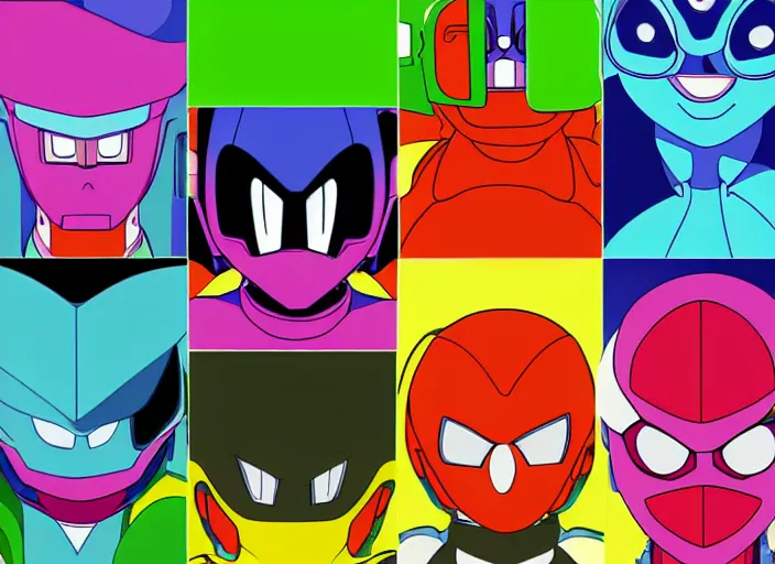Image similar to 3 rows of 3 framed closeup colorful anime face portraits of cute evil robots from mega man, inspired by osamu tezuka, with a futuristic robotic background.