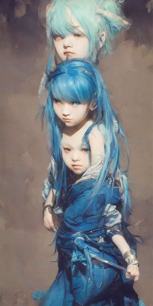 Image similar to little girl with blue hair. By Ruan Jia. Ayami Kojima. Masterpiece