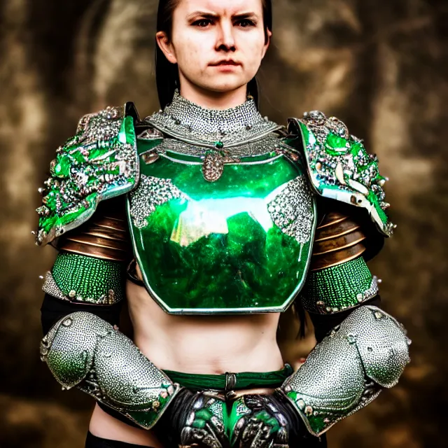 Image similar to full body photo of a beautiful cute strong warrior queen wearing emerald encrusted armour, highly detailed, 8 k, hdr, smooth, sharp focus, high resolution, award - winning photo