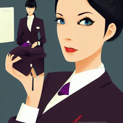 Prompt: woman in black business suit, purple tie, brown neat hair, pixiv, fanbox, trending on artstation, portrait, digital art, modern, sleek, highly detailed, formal, serious, determined, competent, colorized, smooth, charming, pretty, safe for work, thick