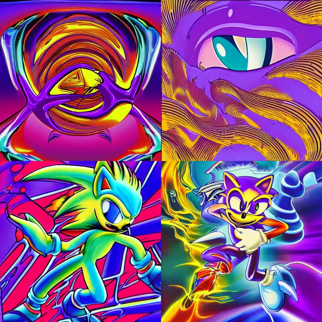 Prompt: surreal, sharp, detailed professional, high quality airbrush art MGMT album cover of a liquid dissolving DMT sonic the hedgehog, purple checkerboard background, 1990s 1992 Sega Genesis video game box art